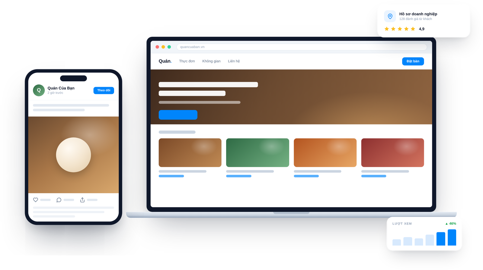 Website, fanpage và hồ sơ Google Business Profile của một quán ăn hiển thị trên laptop và điện thoại
